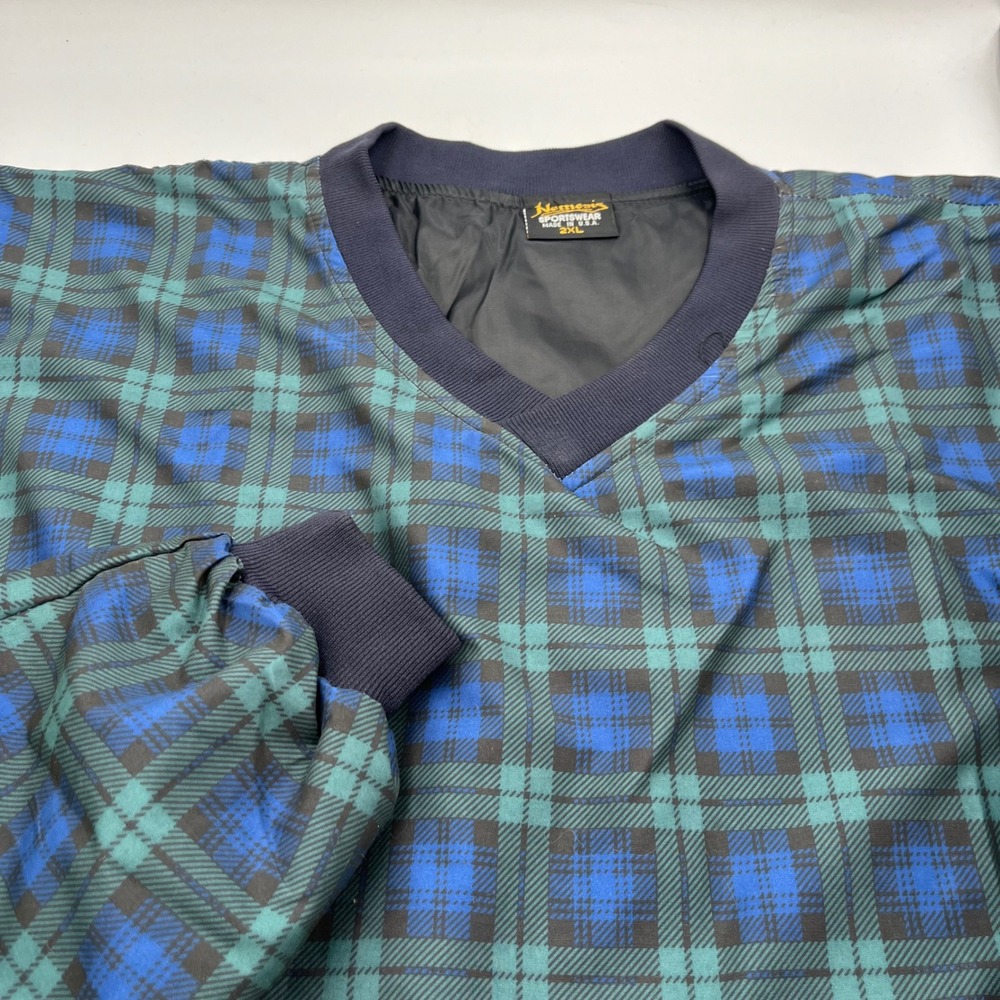 Nemesis Sportswear Men 2XL Plaid V-Neck Windbreaker Pullover Blue Green USA Made